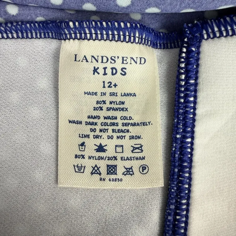 Lands End Kids Girls 12+ Tankini Swim Top Blue White Polka Dots Crossed Straps